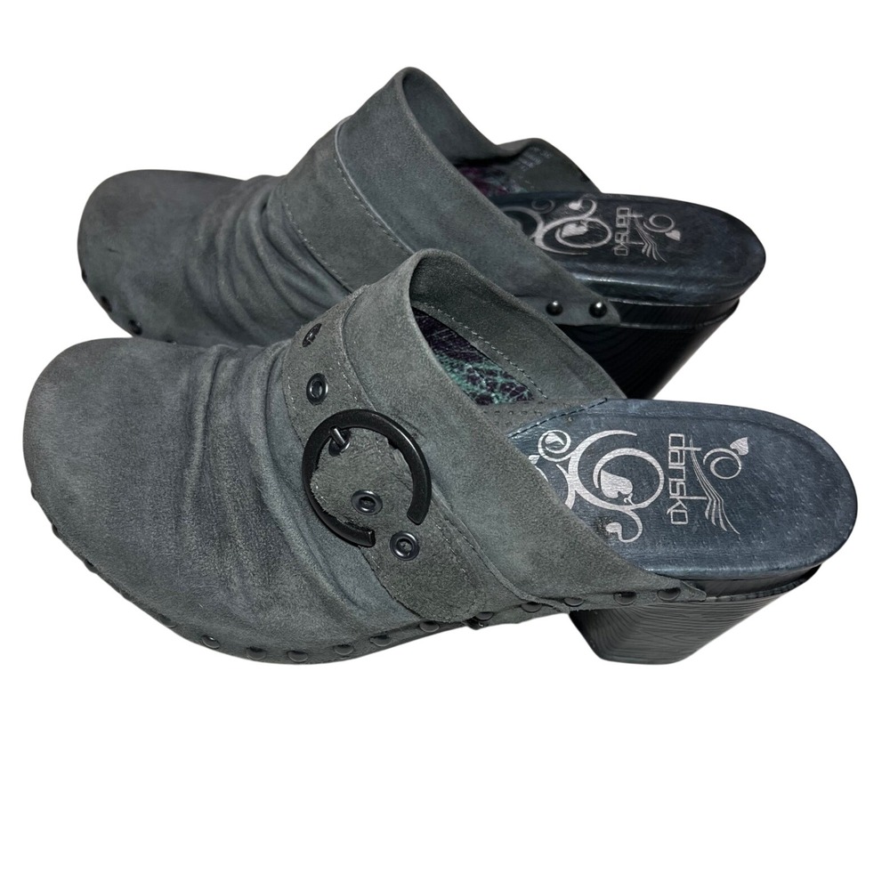 Dansko Women Gray Suede Ruched Block Heel Clogs Shoes Size 36